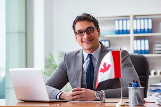 Consultant in office with Canadian desk flag